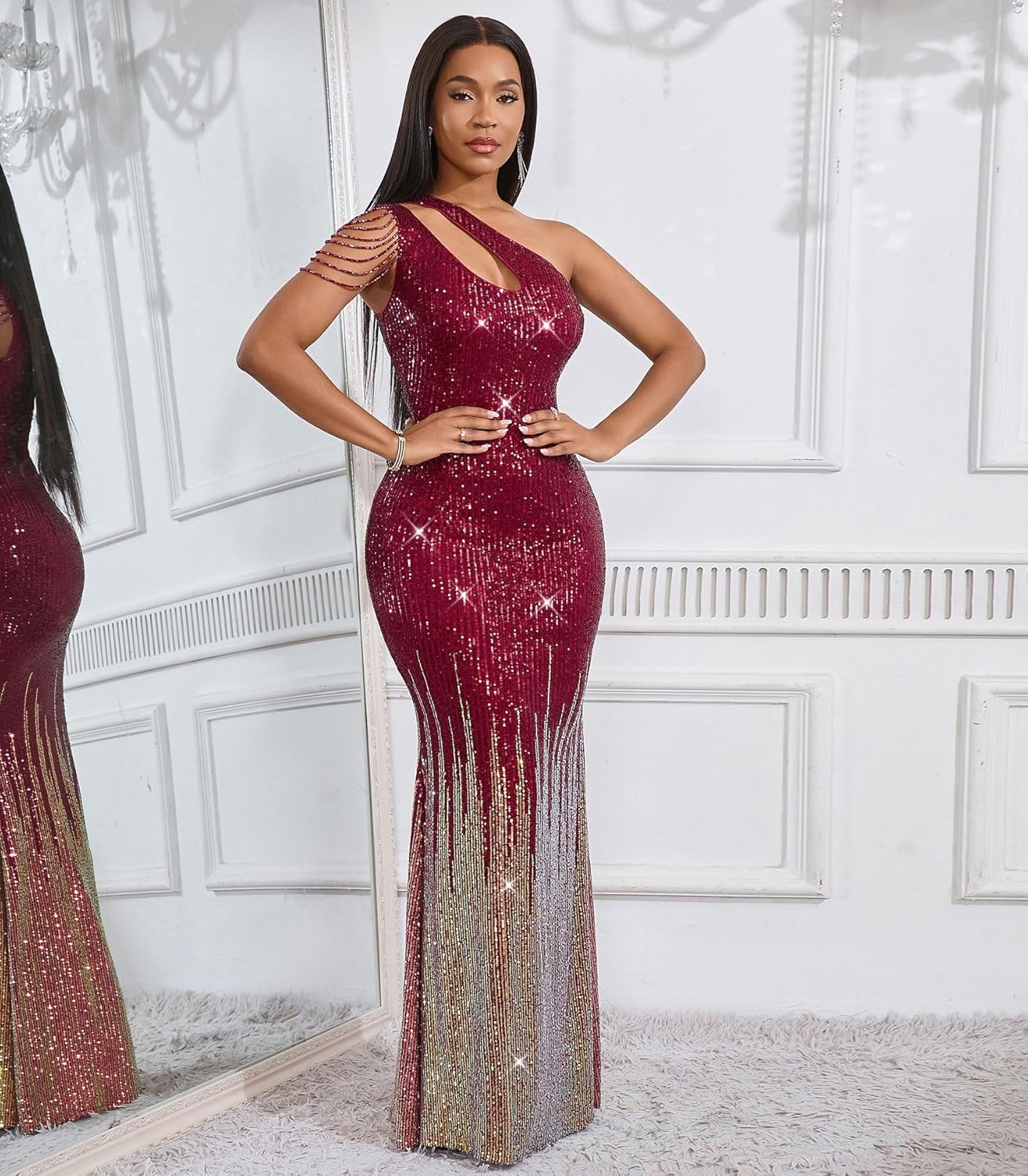 Cololura Women Sequin Elegant Sexy One Shoulder Tassel Mermaid Bodycon Cocktail Evening Dress