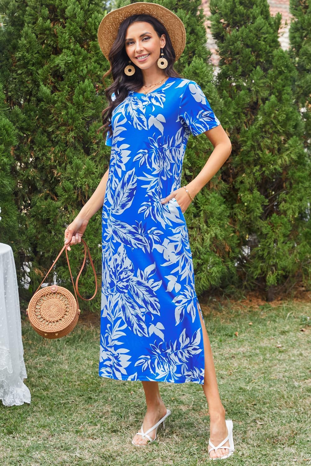Naggoo Women's Short Sleeve Split Maxi Dress Casual Plain Tie Dye Print Tshirt Long Dresses with Pockets