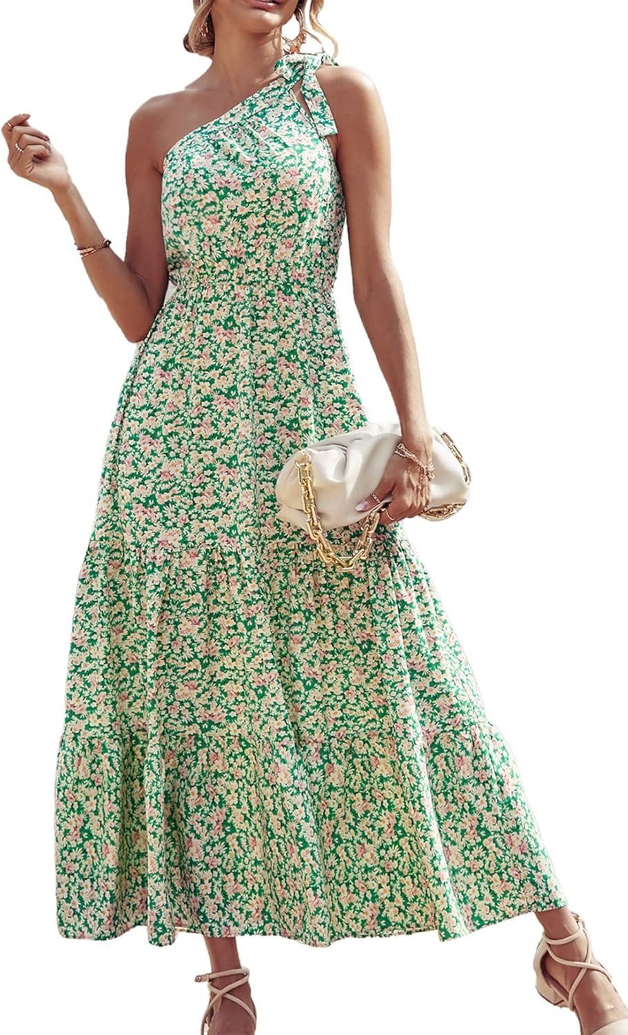 PRETTYGARDEN Women's Summer Floral Maxi Dress Knot One Shoulder Sleeveless Ruffle Flowy Boho Beach Wedding Guest Dresses