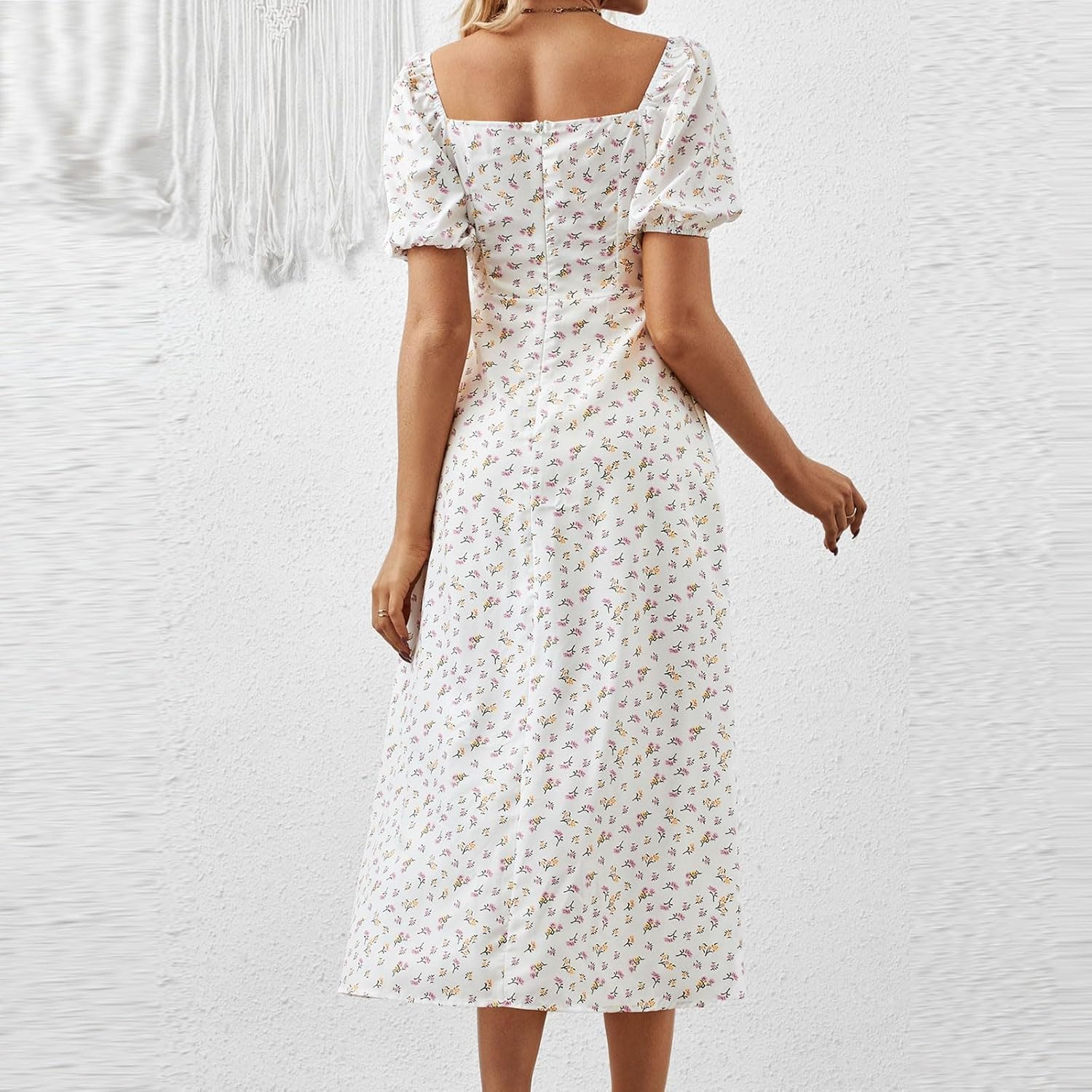 Women's Sundresses 2025 Summer Casual Loose Trendy Bubble Sleeve Square Neck Split Bow Floral Print Dress Plus Size, XS-3XL