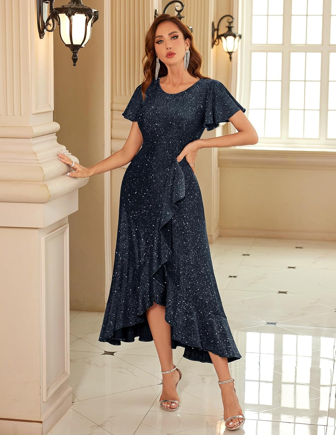 BeryLove Women Sequin Formal Party Dress Flutter Short Sleeve Wedding Cocktail Long Evening Dress
