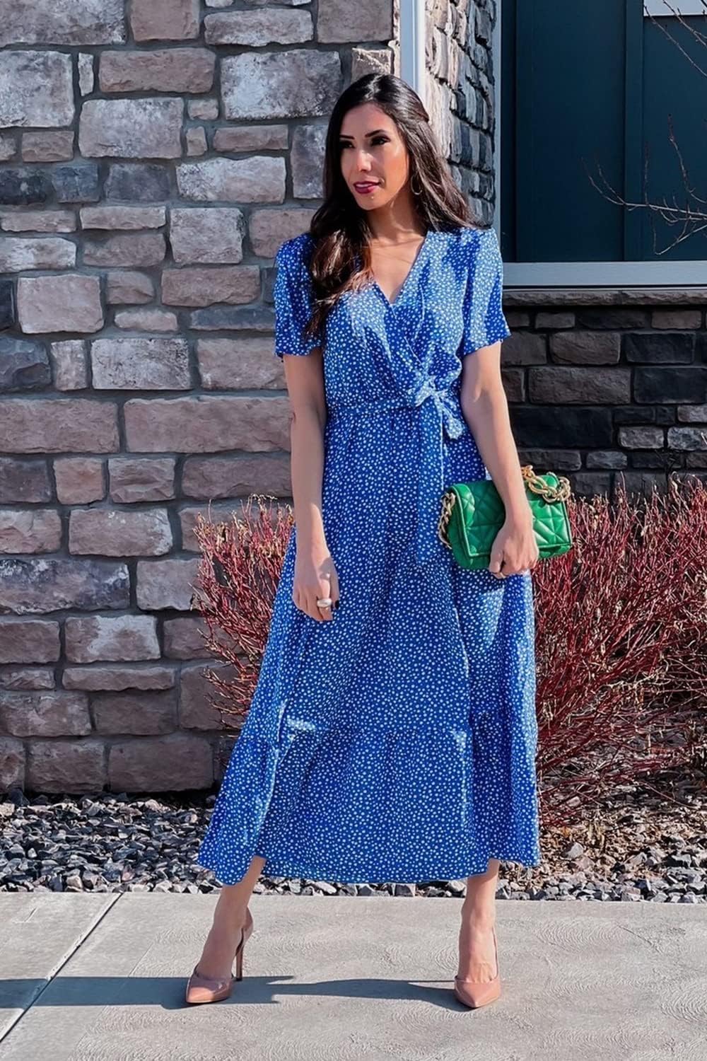 PRETTYGARDEN Women's Summer Floral Boho Dress Wrap V Neck Short Sleeve Ruffle A-Line Flowy Maxi Wedding Guest Dresses