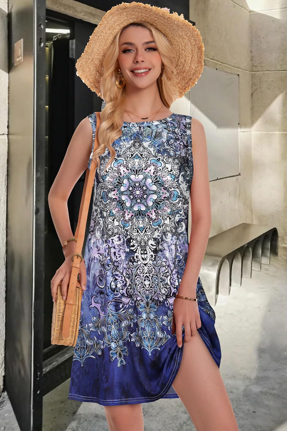 Summer Dresses for Women Beach Boho Sleeveless Vintage Floral Flowy Pocket Tshirt Tank Sundresses