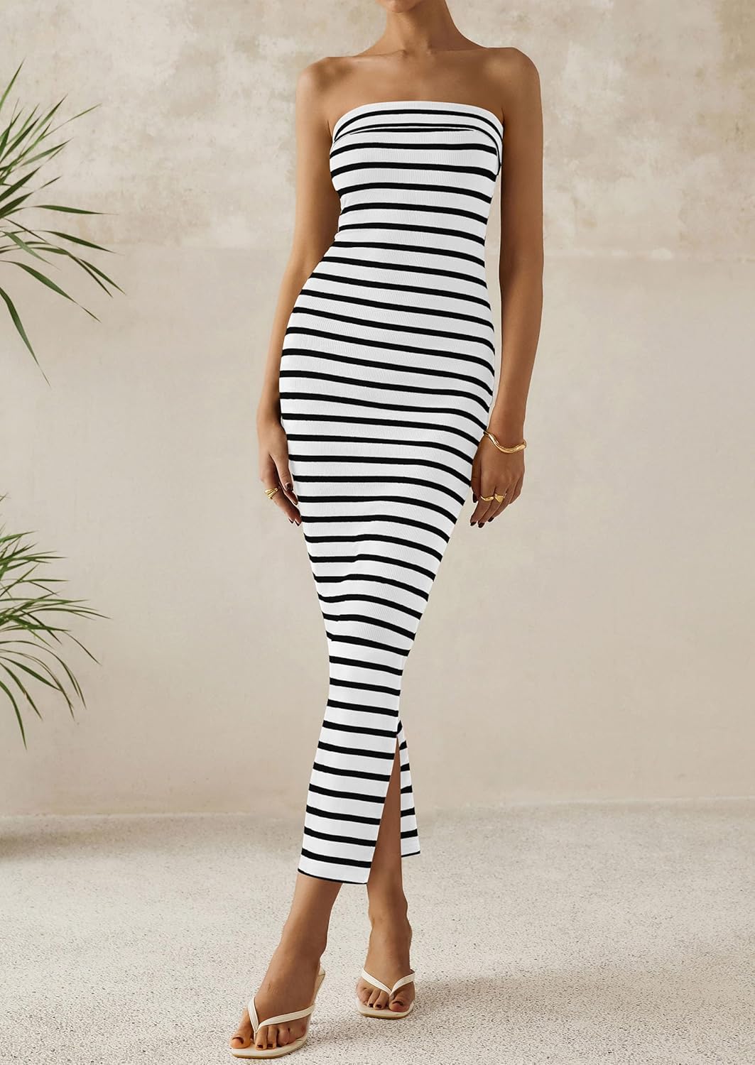 PRETTYGARDEN Women's Summer Bodycon Maxi Tube Dress Ribbed Strapless Side Slit Long Going Out Casual Elegant Party Dresses