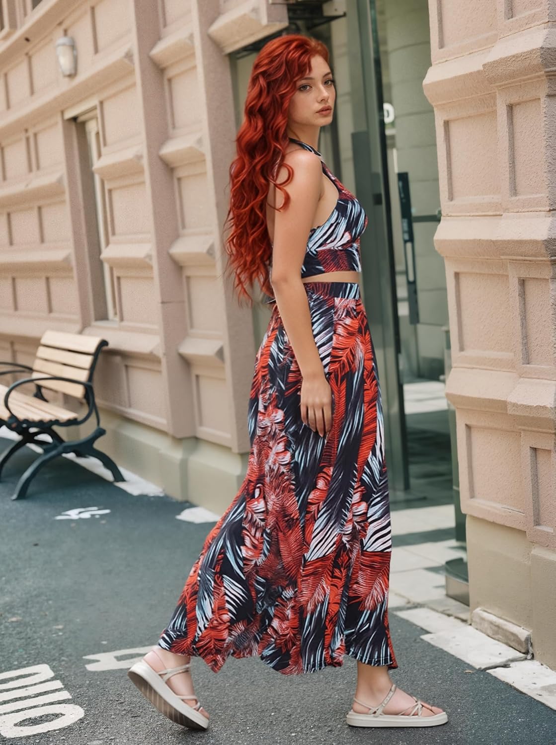 Women Sexy 2 Piece Outfits Dress Chiffon Strap Deep V Neck Bra Crop Top High Split Maxi Dresses Skirt Set