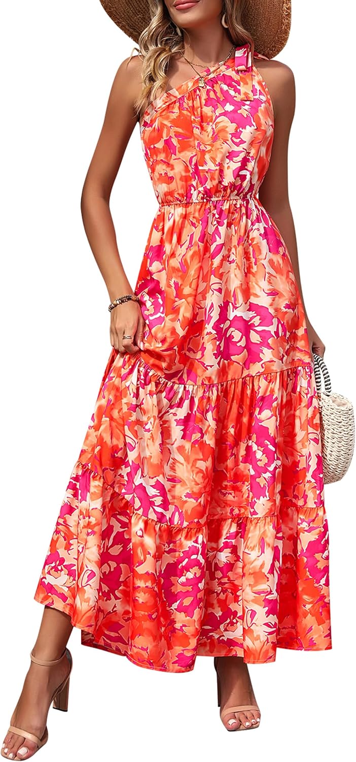 PRETTYGARDEN Women's Summer Floral Maxi Dress Knot One Shoulder Sleeveless Ruffle Flowy Boho Beach Wedding Guest Dresses