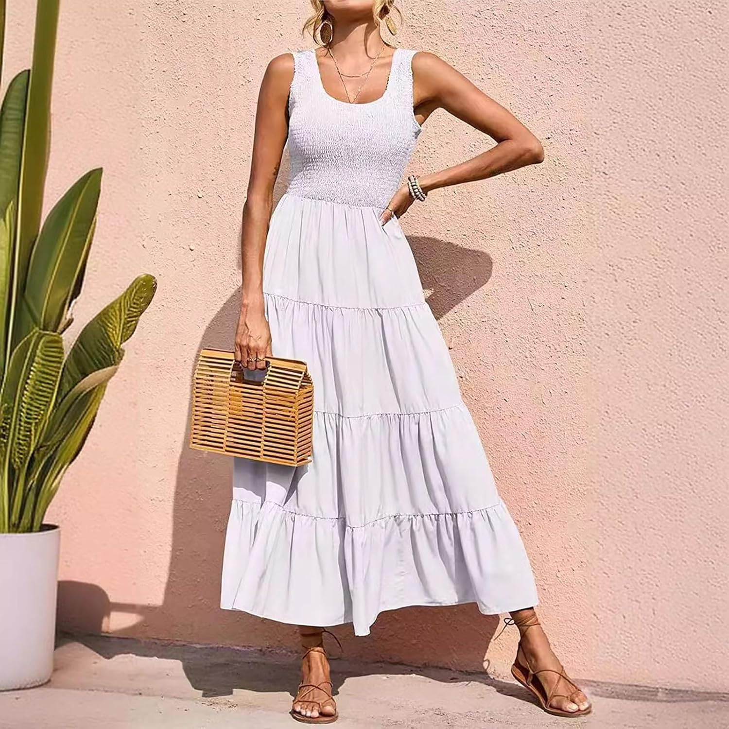 Women Summer Sleeveless Dressees Boho Maxi Dress Casual Smocked Square Neck Sundress a Line Beach Wedding Dresses