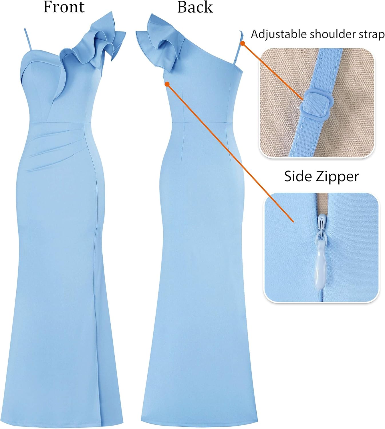 VFSHOW Womens Ruffle One Shoulder Strap Ruched Formal Prom Wedding Maxi Dress V Neck Elegant Split Cocktail Evening Long Gown
