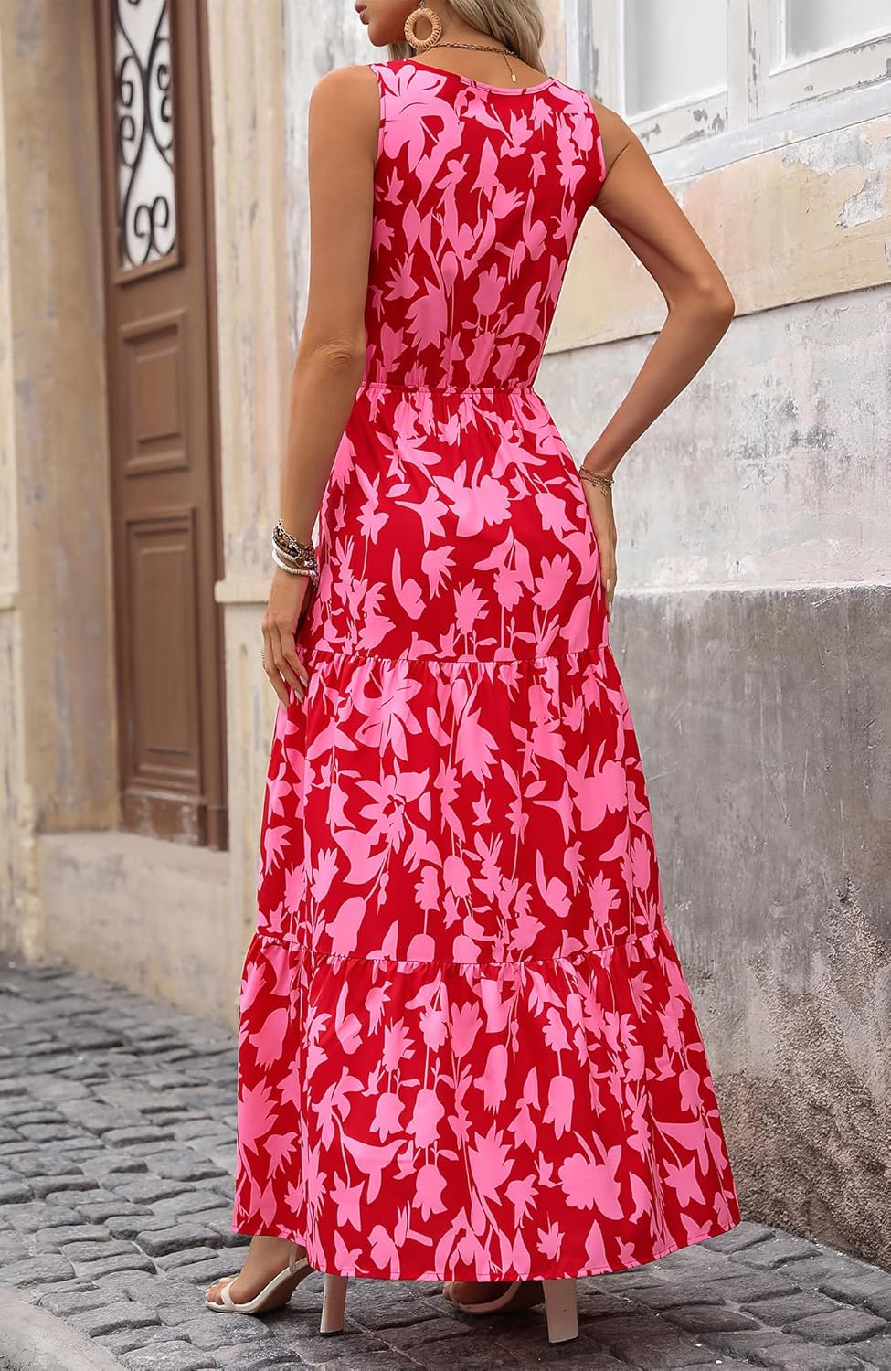 BTFBM Women Summer Dresses Casual Sleeveless Maxi Dresses Cute Floral Long Dress Wedding Guest Dress