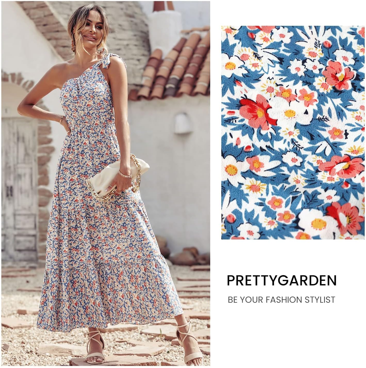 PRETTYGARDEN Women's Summer Floral Maxi Dress Knot One Shoulder Sleeveless Ruffle Flowy Boho Beach Wedding Guest Dresses