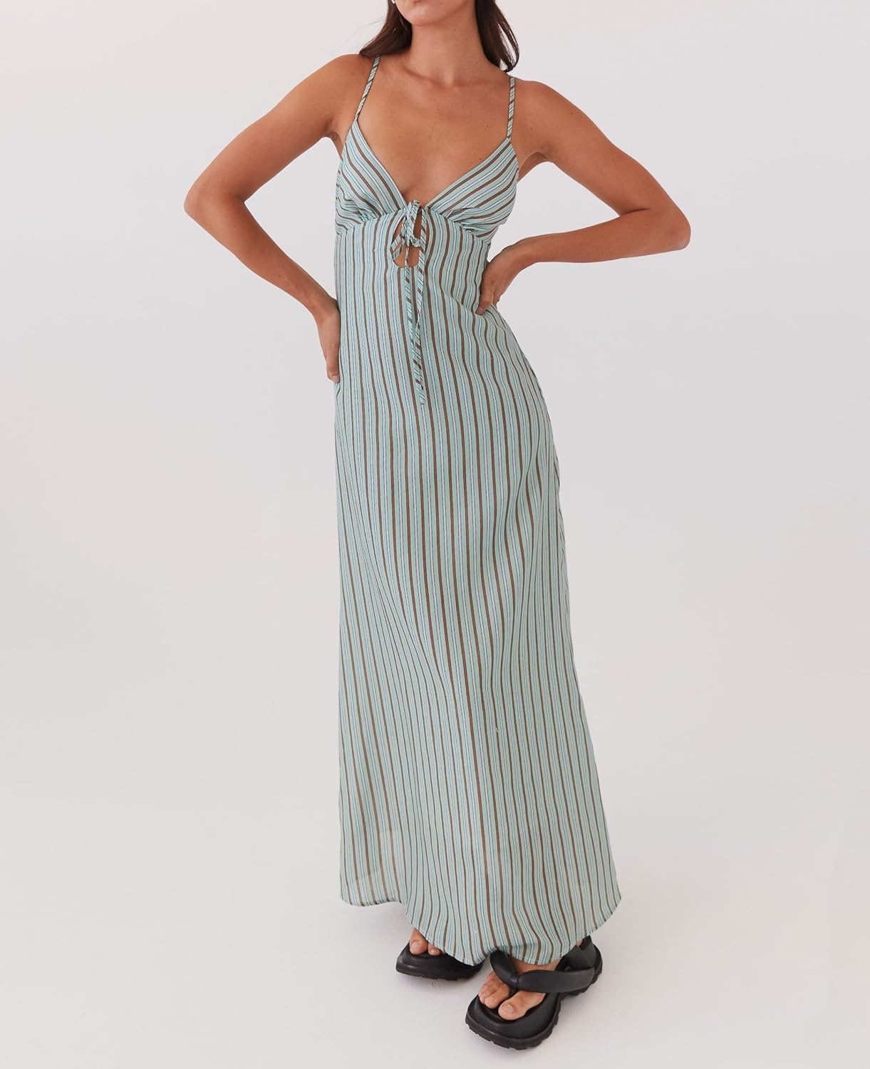Luckinbaby Women Y2k Spaghetti Strap Maxi Dress V Neck Tie Front Cutout Long Cami Dress Backless Party Wedding Dress