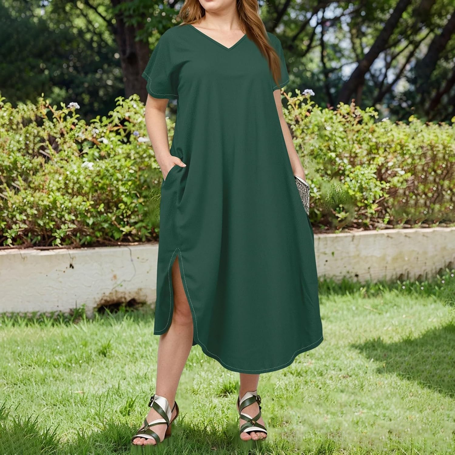 Maxi Dresses for Women 2025 Plus Size Tie Dye V Neck Dress Short Sleeve Side Split Beach Summer Sundress with Pocket