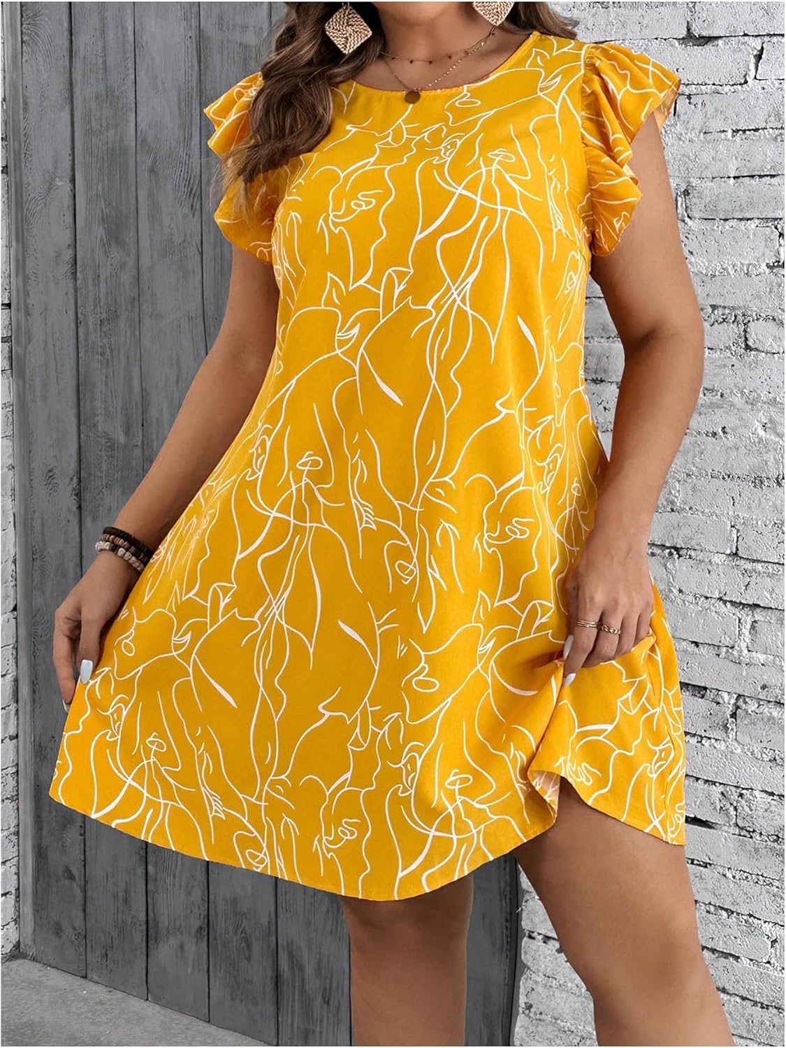 SOLY HUX Women's Plus Size Summer Dress Graphic Print Ruffle Cap Sleeve Loose Short Dresses