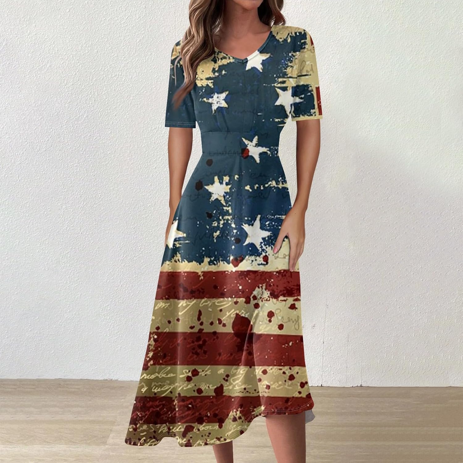 Women's Patriotic Star Print Midi Short Sleeve V-Neck Casual A-Line Dress for Summer Parties & Events