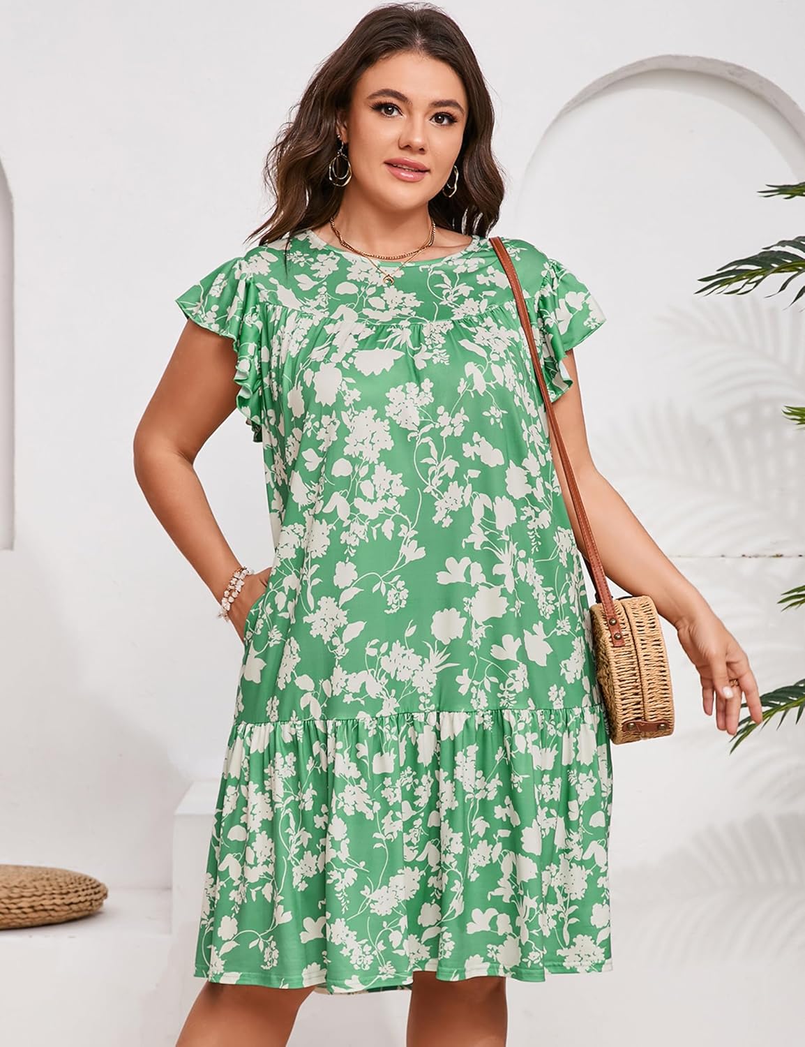 ShopWonder Womens Plus Size Dress Crew Neck Ruffle Sleeve Casual Swing Flowy Tiered Midi T Shirt Dresses with Pockets
