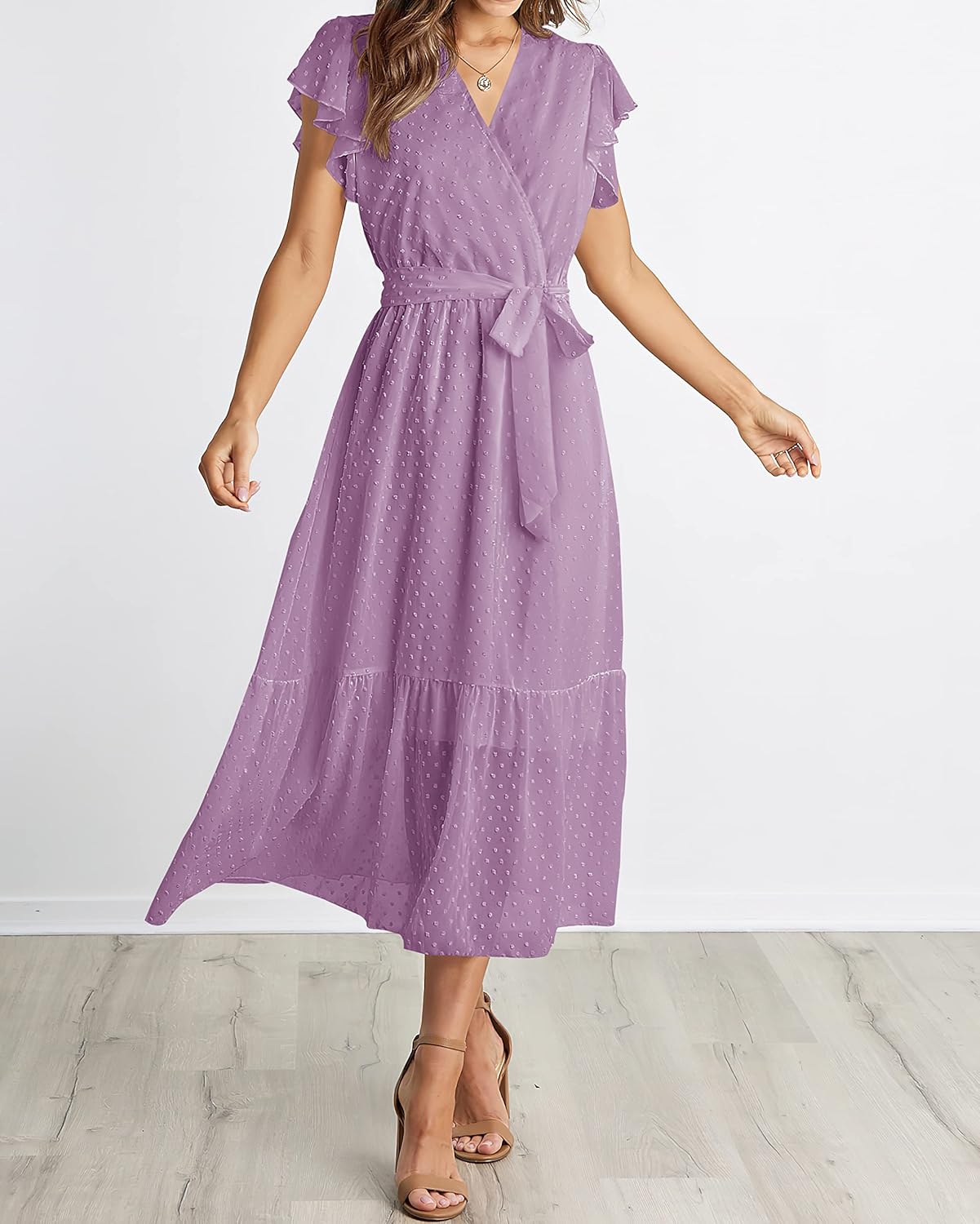 BTFBM Women Summer Bohemian Floral Casual Wrap V Neck Ruffle Cap Sleeveless Belt A-Line Pleated Hem Midi Sun Dress White