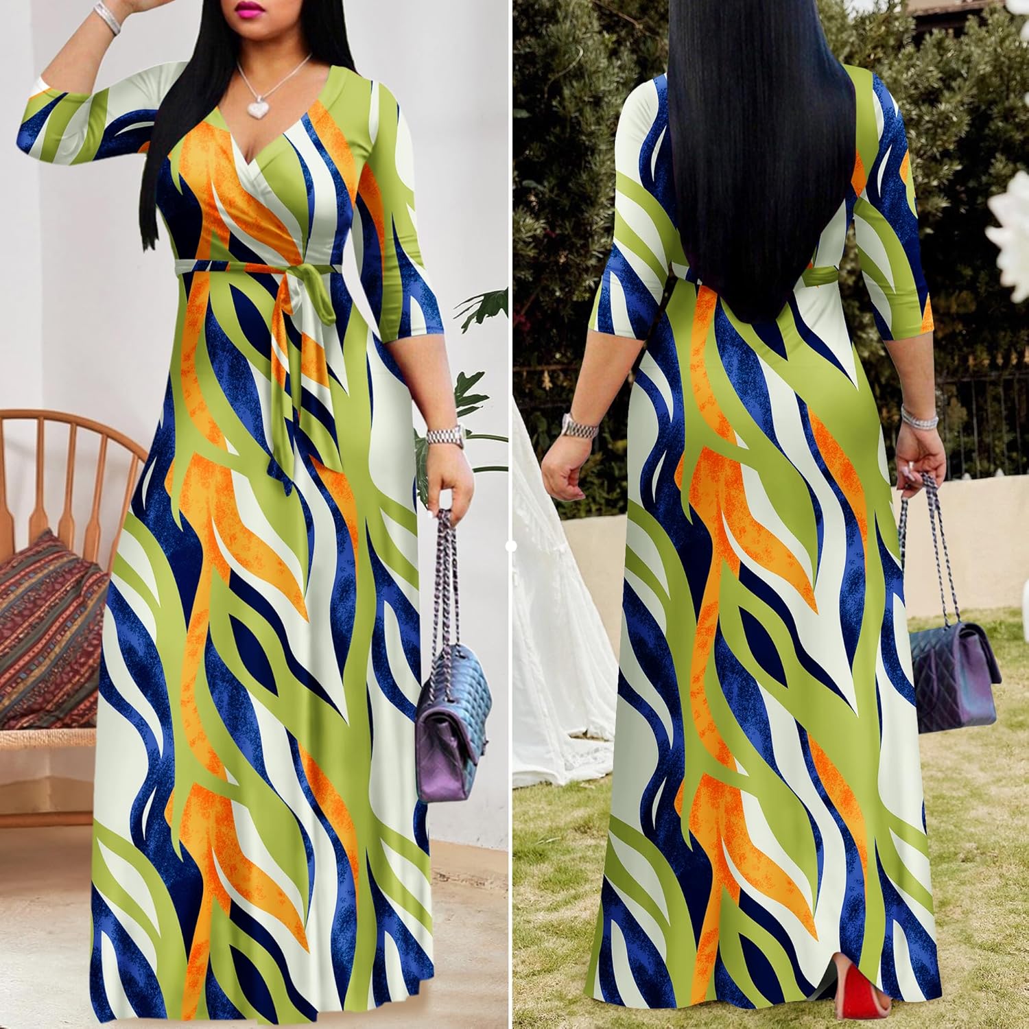 FANDEE Plus Size Maxi Dress for Women Casual Summer Sundress V-Neck 3/4 Sleeve