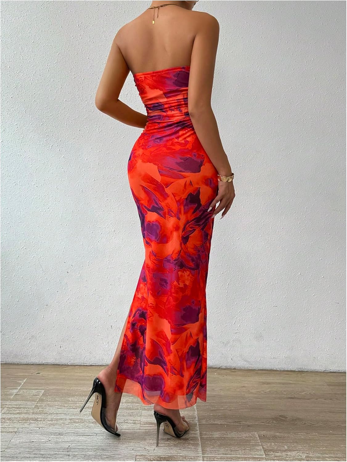 Milumia Women's Printed Strapless Tube Top Long Dress Slit Hem Sleeveless Bodycon Maxi Dresses