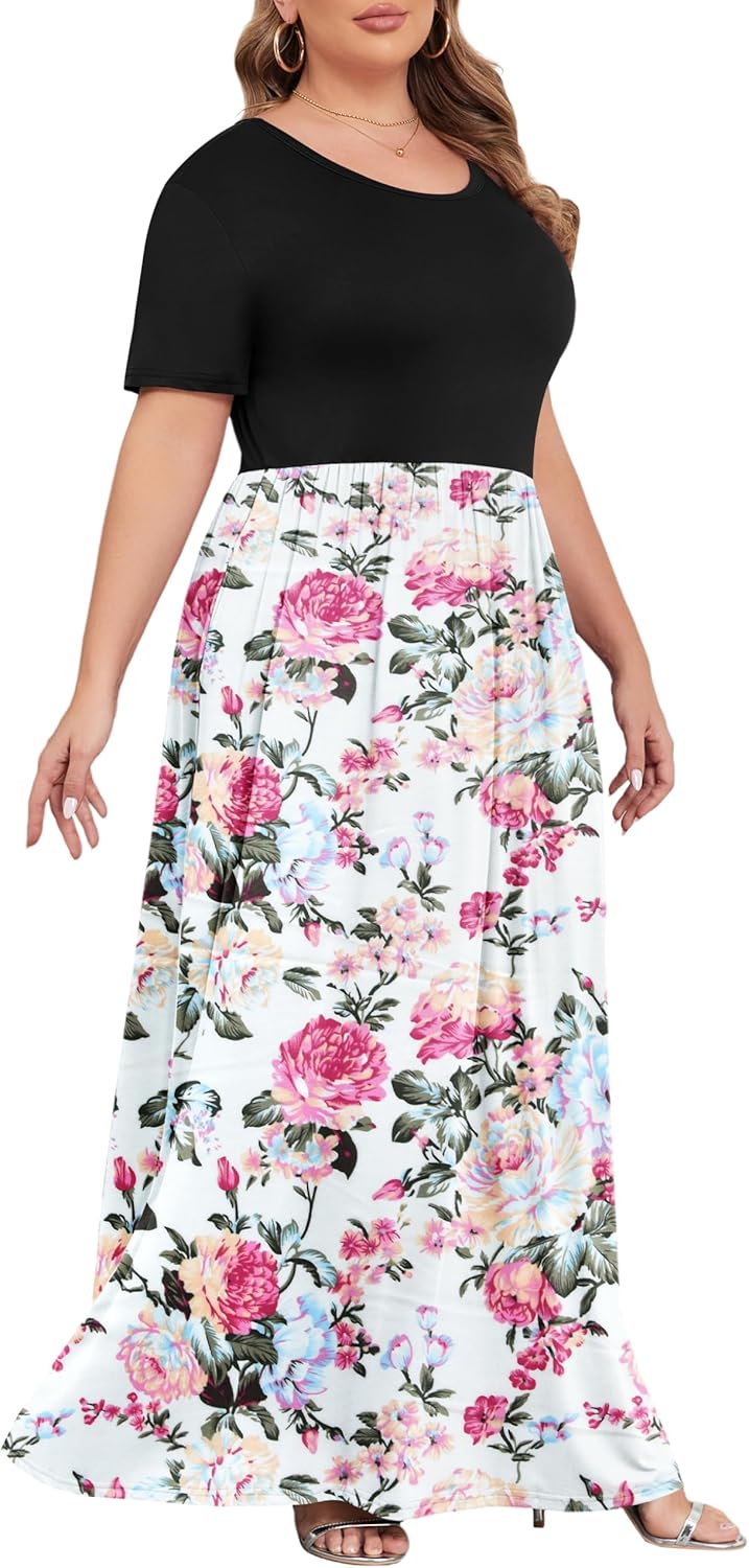 KARALIN Women’s Plus Size Maxi Dresses for Curvy Women Summer Casual Short Sleeve 2025 Long Dress 14W-26W