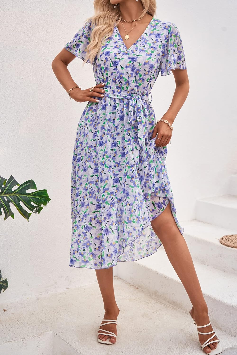 PRETTYGARDEN Women's Summer Floral Boho Dress Wrap V Neck Short Sleeve Ruffle A-Line Flowy Maxi Wedding Guest Dresses