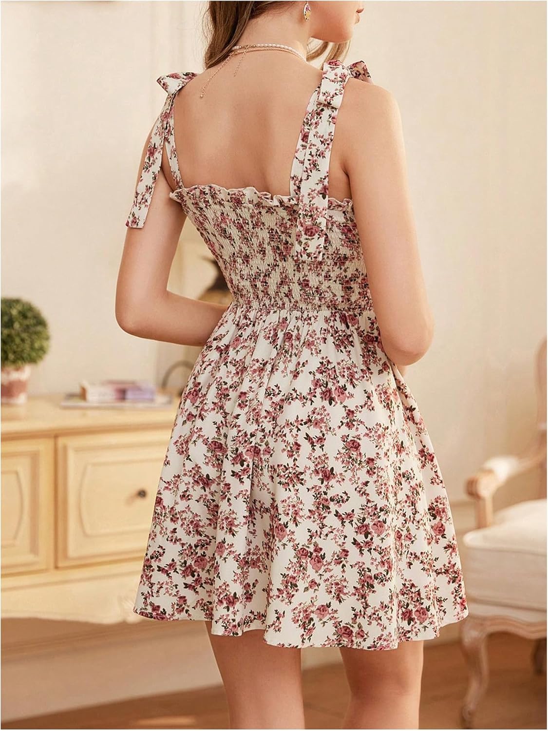 Verdusa Women's Floral Print Ruched Sleeveless Ruffle Hem A Line Swing Cami Dress