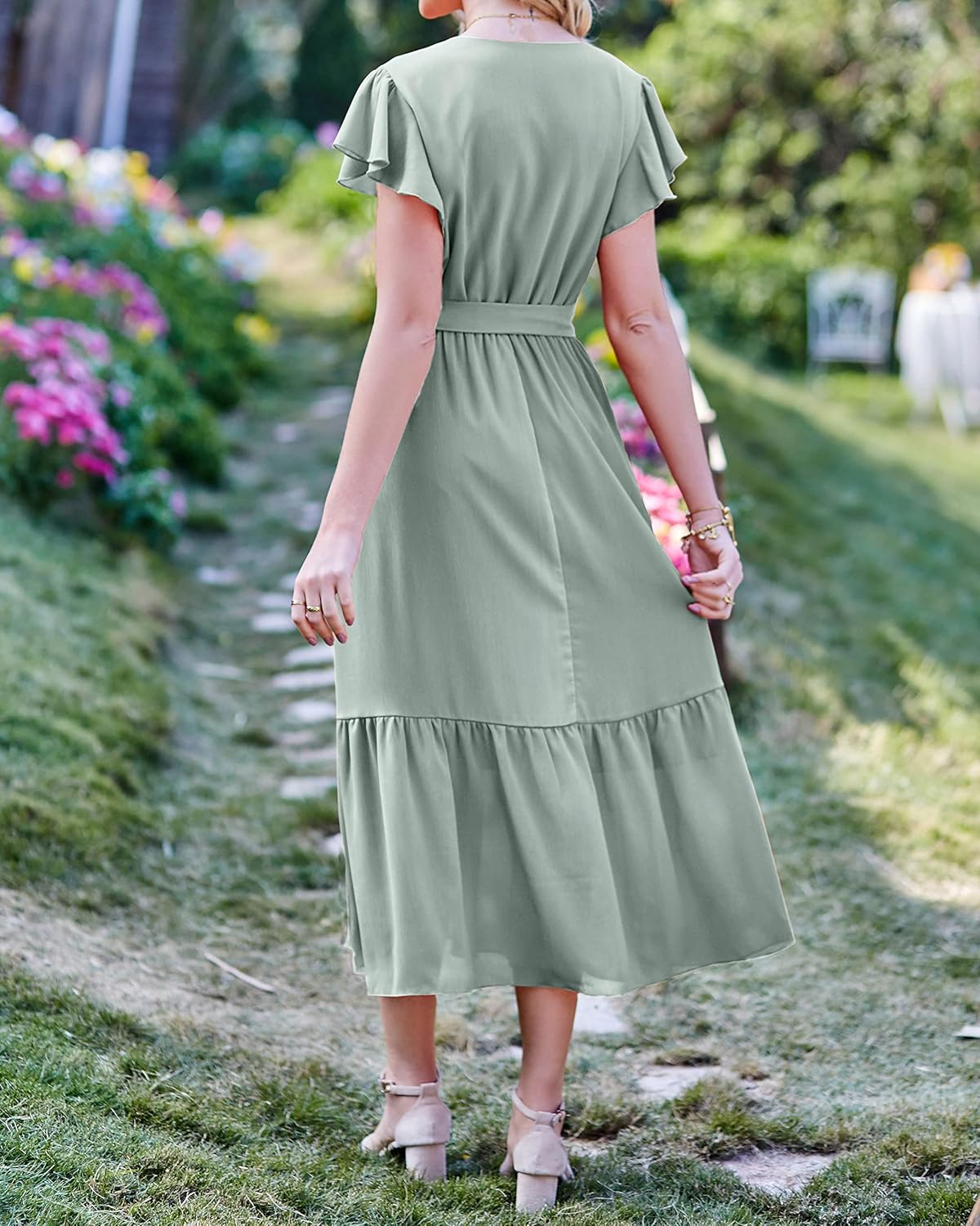 BTFBM Women Summer Bohemian Floral Casual Wrap V Neck Ruffle Cap Sleeveless Belt A-Line Pleated Hem Midi Sun Dress White