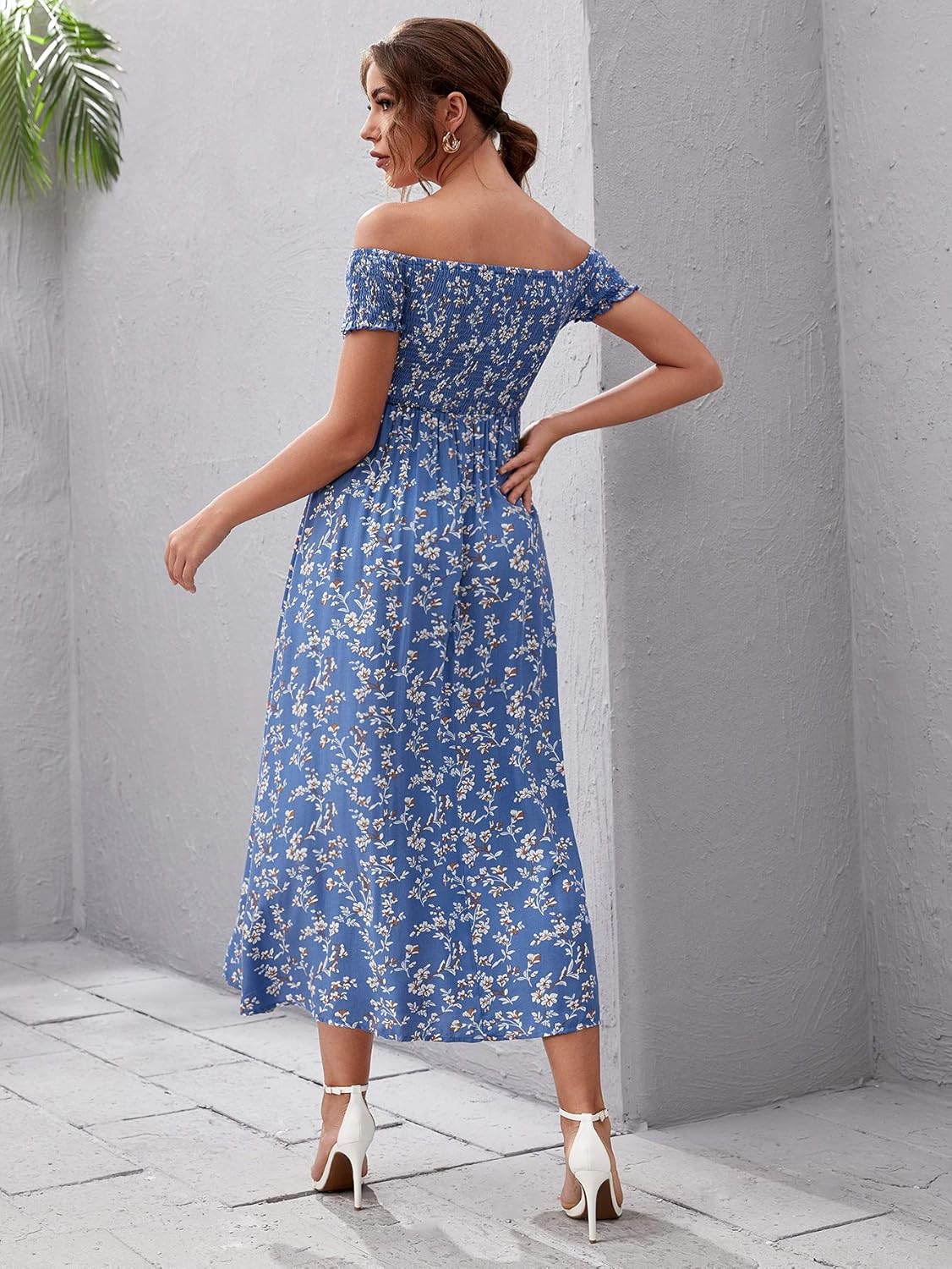 Floerns Women's Boho Floral Print Off Shoulder Split Long A Line Dress