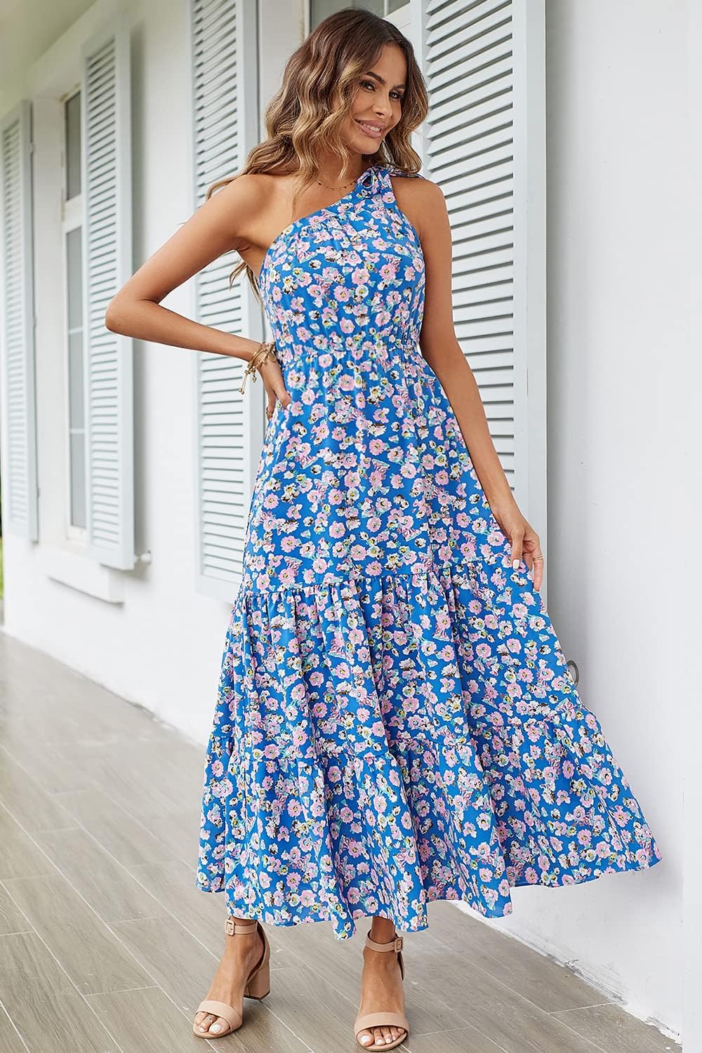 PRETTYGARDEN Women's Summer Floral Maxi Dress Knot One Shoulder Sleeveless Ruffle Flowy Boho Beach Wedding Guest Dresses