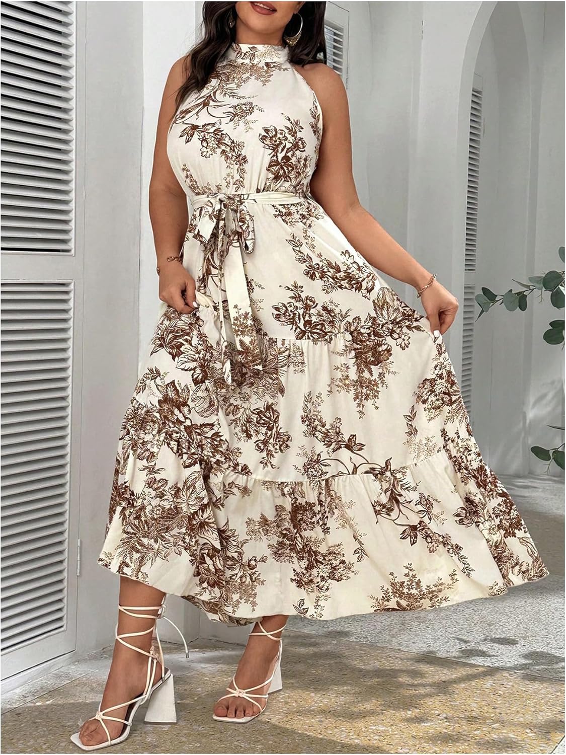 Floerns Women's Plus Size Boho Sleeveless Halter Neck Tie Back A Line Long Dress