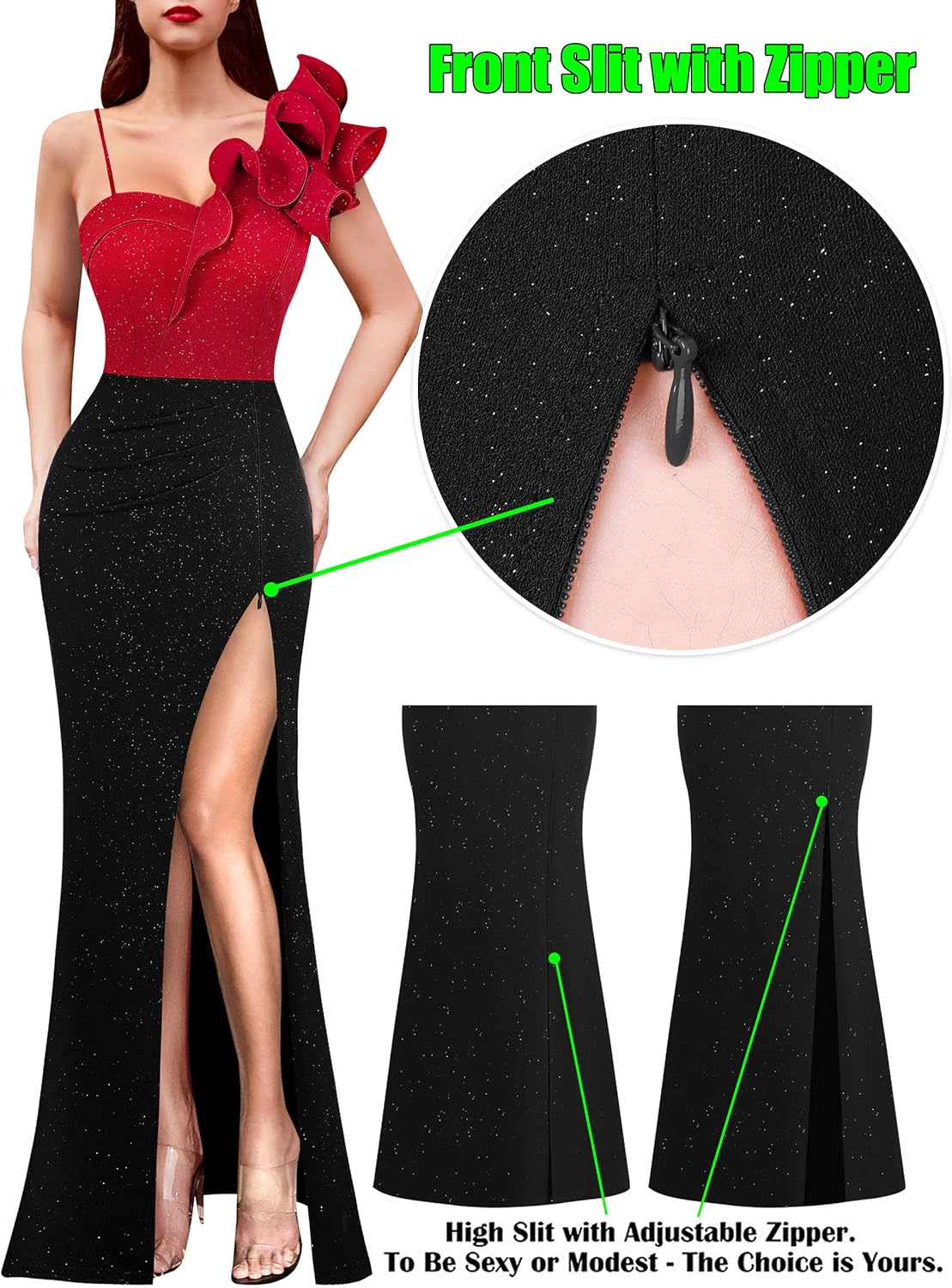 VFSHOW Womens Ruffle One Shoulder Strap Ruched Formal Prom Wedding Maxi Dress V Neck Elegant Split Cocktail Evening Long Gown