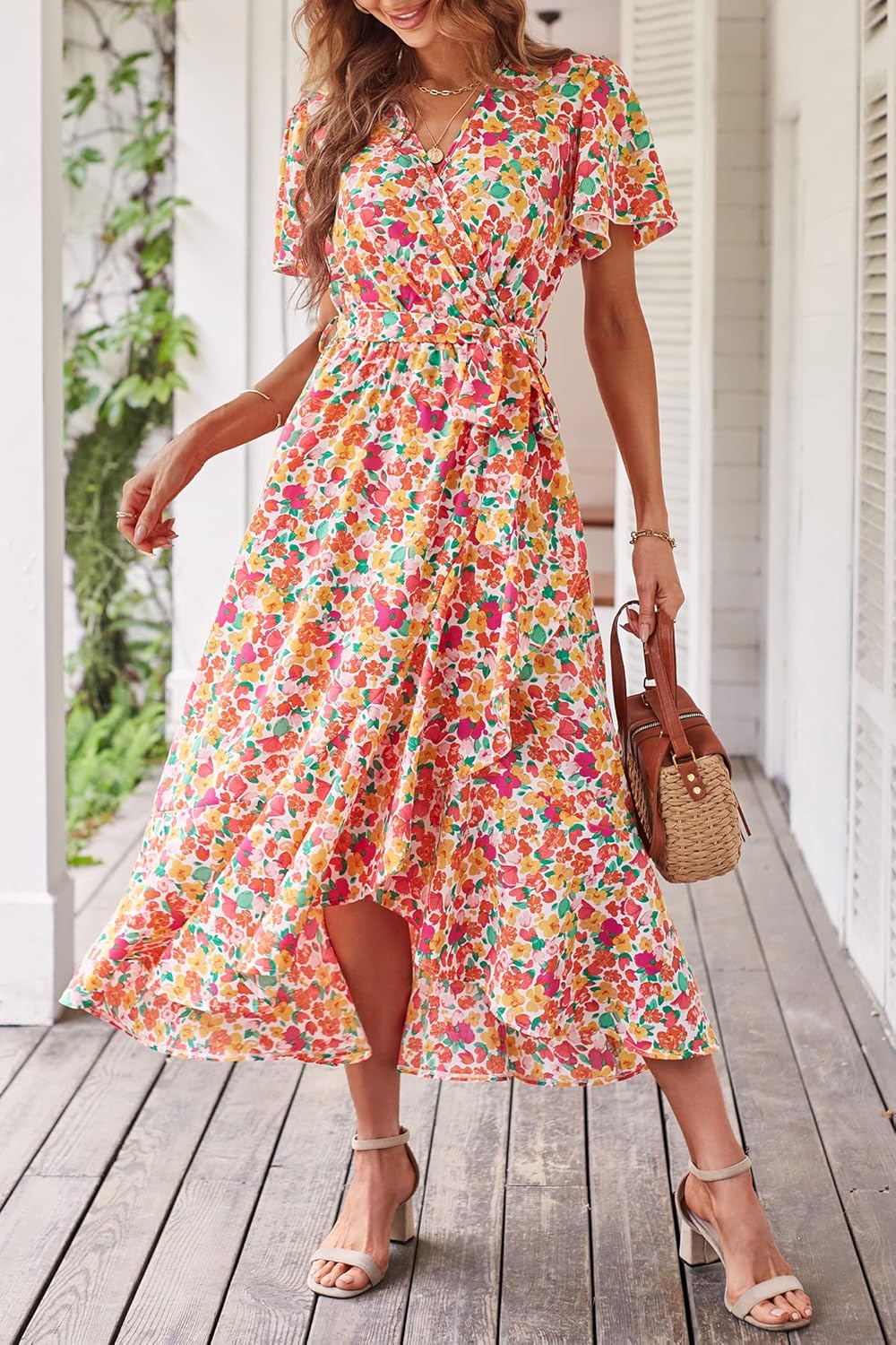 PRETTYGARDEN Women's Summer Floral Boho Dress Wrap V Neck Short Sleeve Ruffle A-Line Flowy Maxi Wedding Guest Dresses