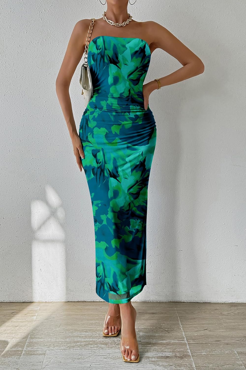 PRETTYGARDEN Women's Summer Maxi Bodycon Dresses Strapless Tube Top Printed Long Party Club Slit Dress