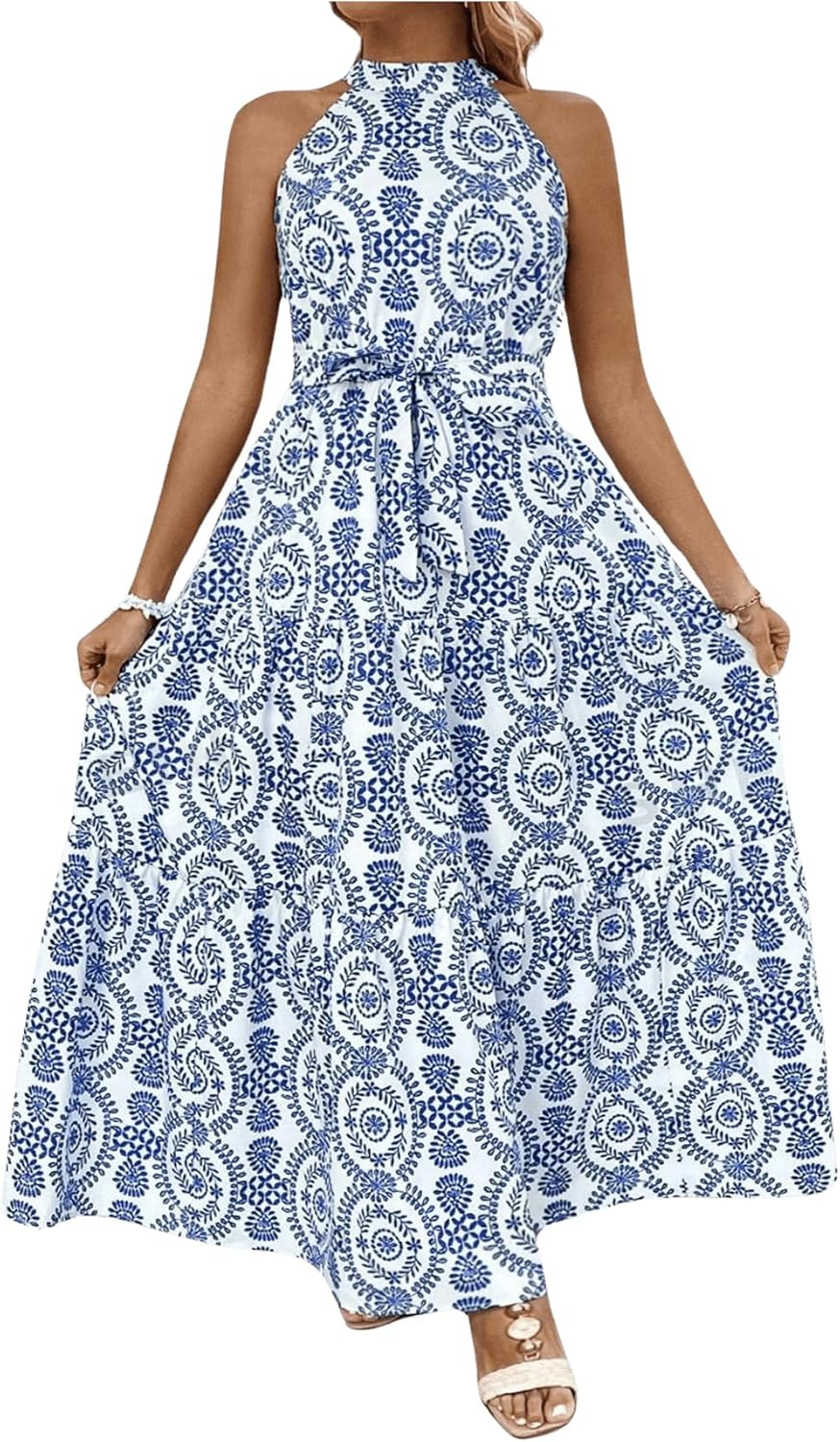 Floerns Women's Plus Size Boho Sleeveless Halter Neck Tie Back A Line Long Dress