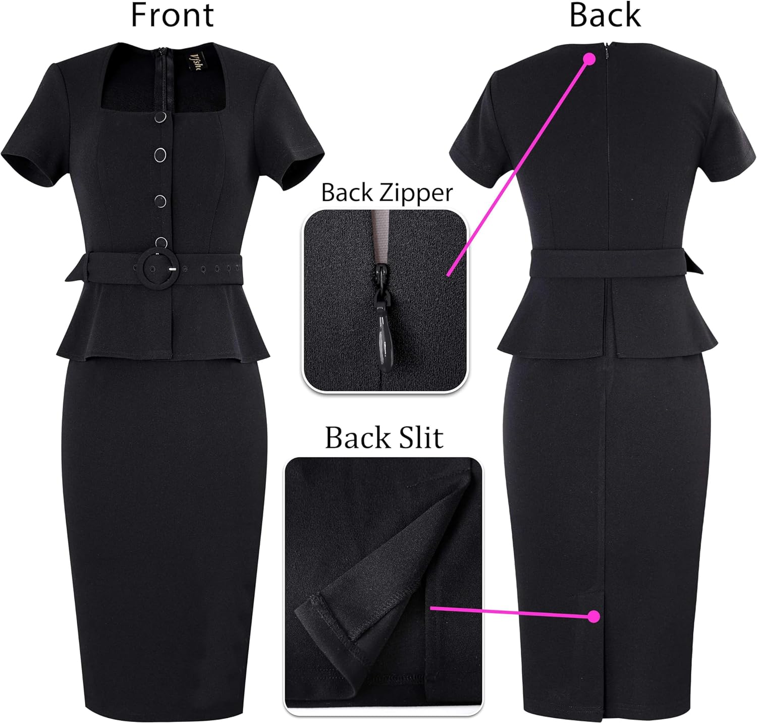 VFSHOW Womens 2024 Business Work Office Square Neck Belted Peplum Buttons Slim Bodycon Sheath Dress