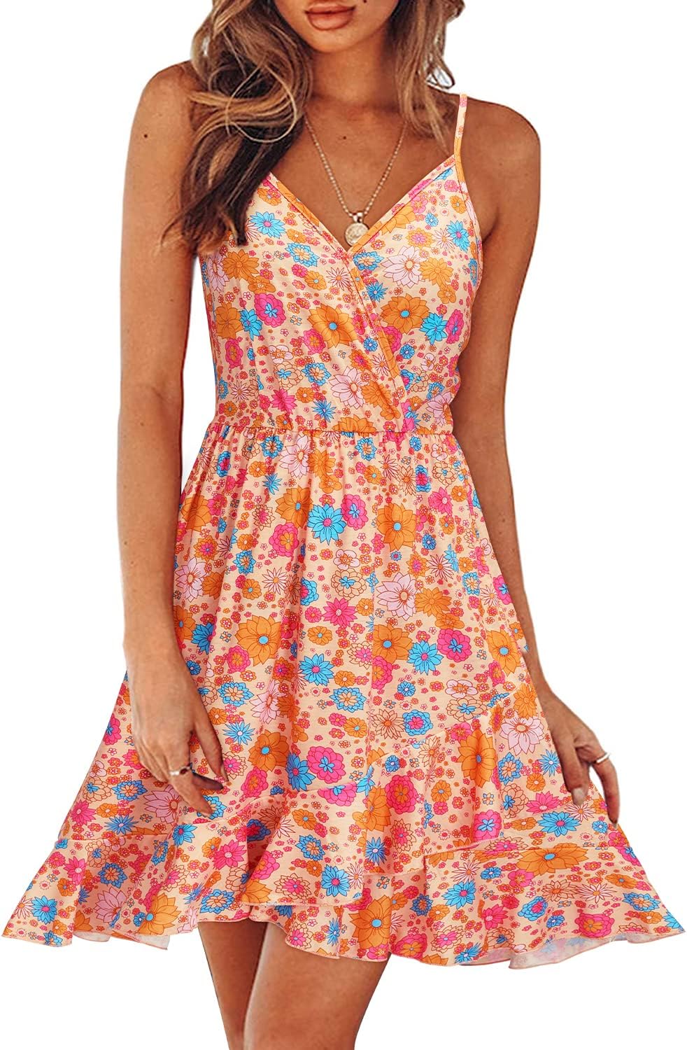 ULTRANICE Womens Summer Dresses Floral V Neck Ruffled Hem Spaghetti Spring Casual Beach Outfits Flowy Wrap Sun Dress