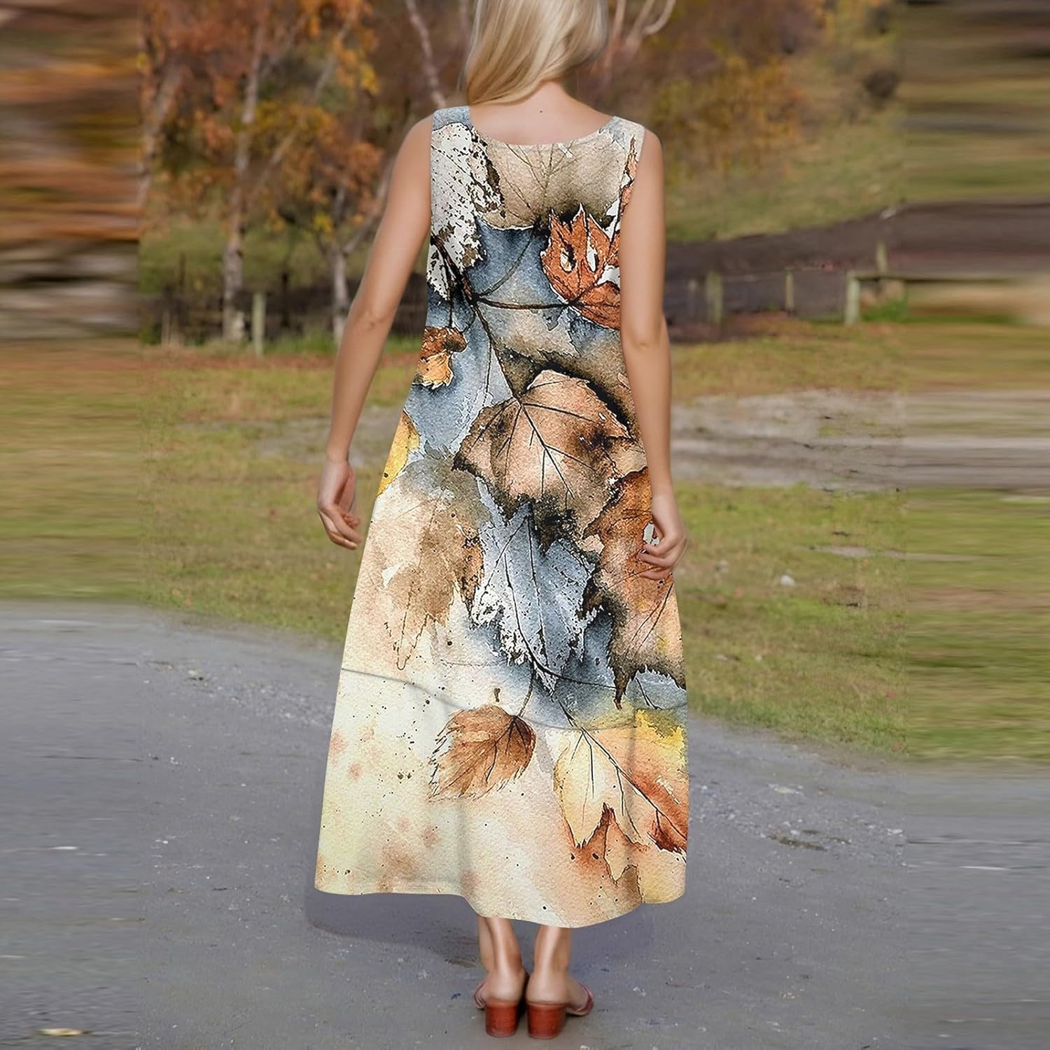 Womens Summer Tank Dress Vacation Boho Floral Long Dresses with Pockets Resort Wear Swing Beach Sleeveless Sundress
