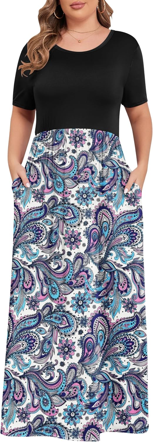 KARALIN Women’s Plus Size Maxi Dresses for Curvy Women Summer Casual Short Sleeve 2025 Long Dress 14W-26W