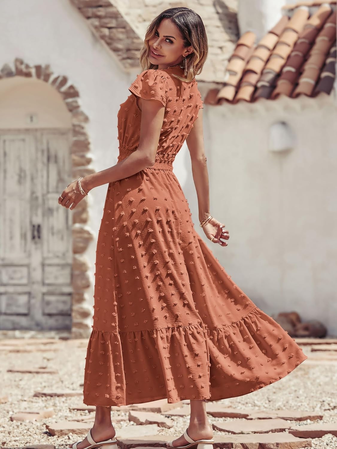 PRETTYGARDEN Womens Dresses 2025 Summer Maxi Dress Boho Short Sleeve V Neck Swiss Dot Ruffle Tiered Smocked Flowy Long Dress