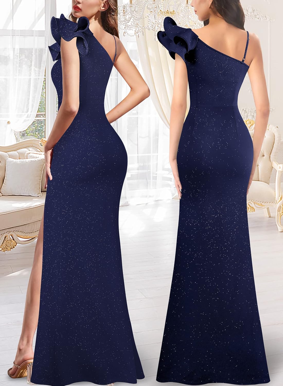 VFSHOW Womens Ruffle One Shoulder Strap Ruched Formal Prom Wedding Maxi Dress V Neck Elegant Split Cocktail Evening Long Gown