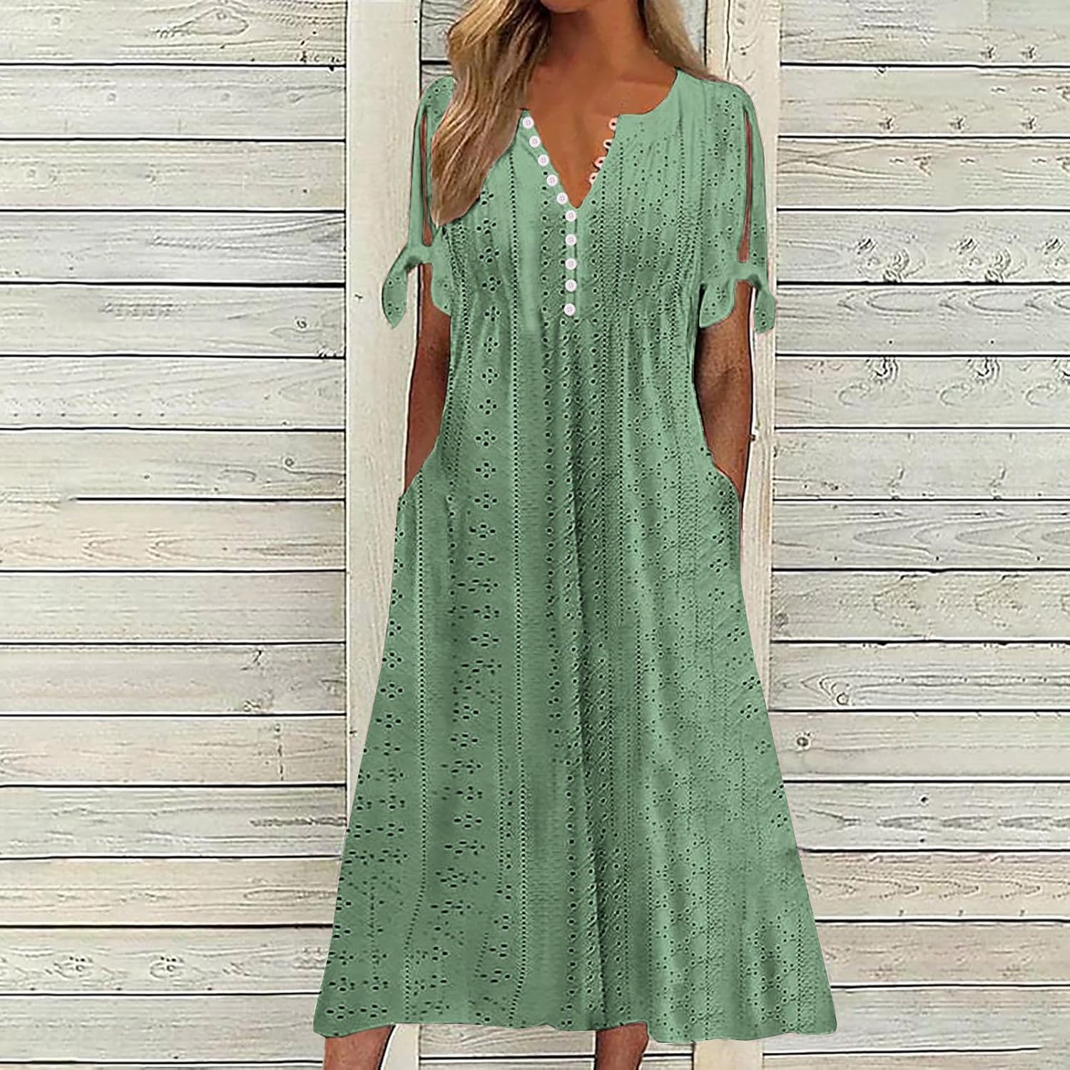 Boho Dresses for Women 2024 Fashion Summer Short Sleeve Eyelet Notch V Neck Sundress Beach Casual Maxi Long Dress