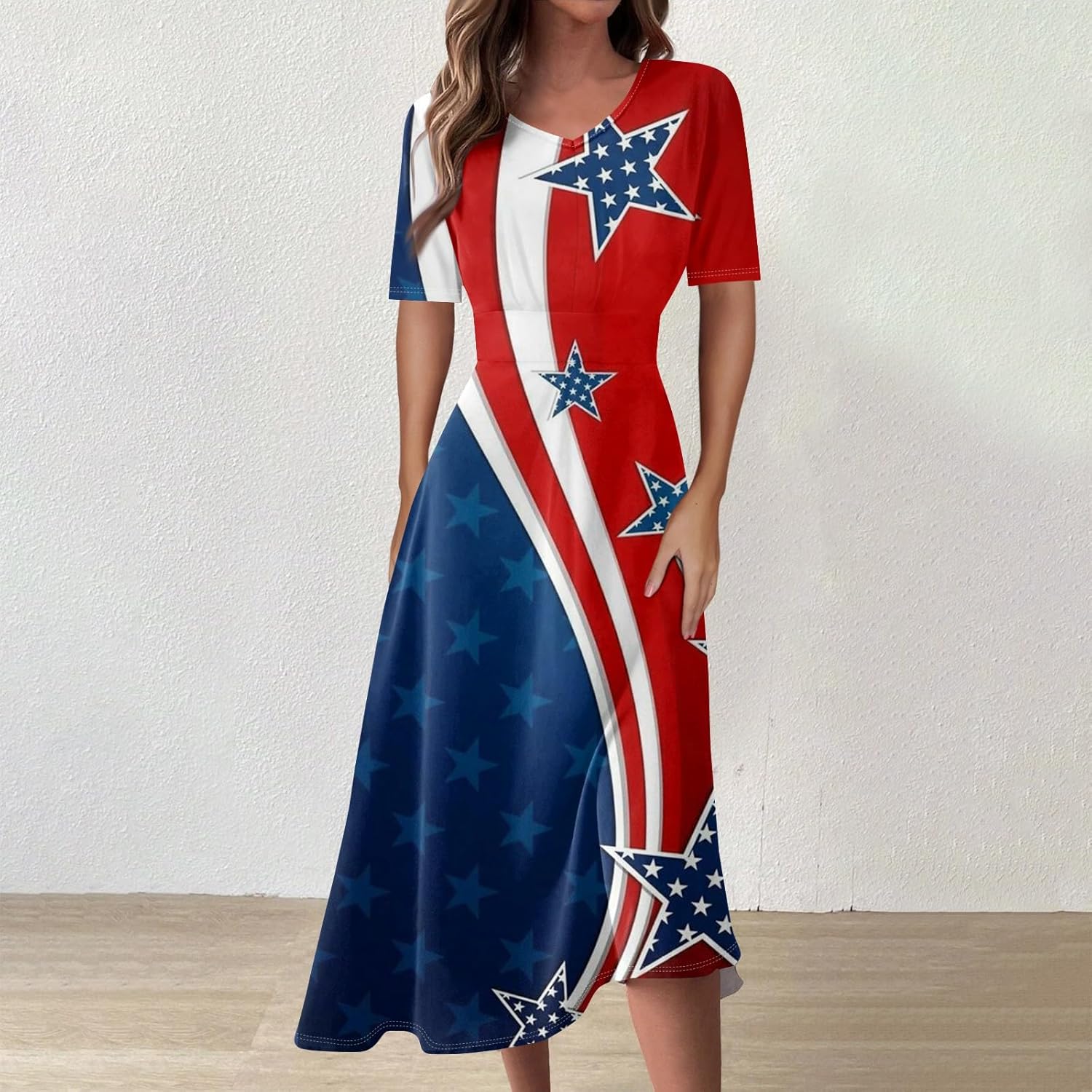 Women's Patriotic Star Print Midi Short Sleeve V-Neck Casual A-Line Dress for Summer Parties & Events