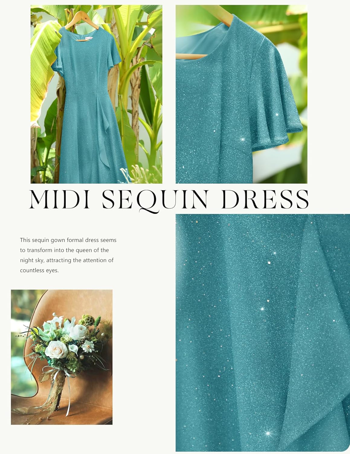 BeryLove Women Sequin Formal Party Dress Flutter Short Sleeve Wedding Cocktail Long Evening Dress