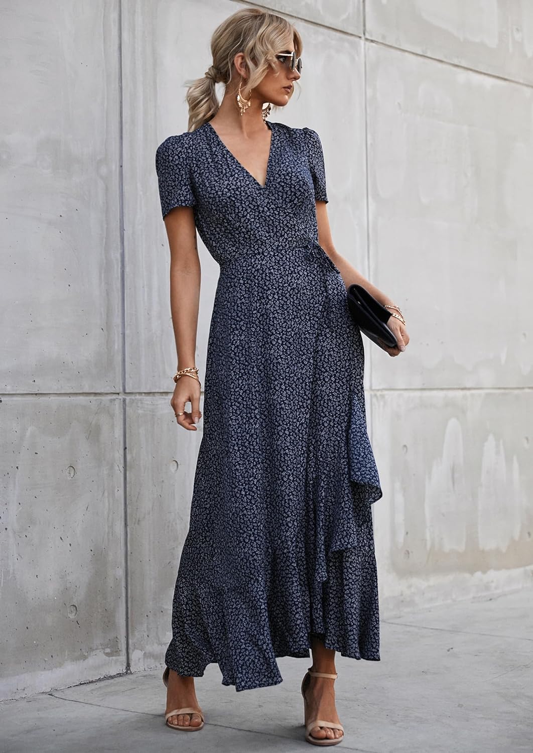 PRETTYGARDEN Women's Summer Wrap Maxi Dress Casual Short Sleeve Floral Boho V Neck Split Ruffle Beach Long Dresses