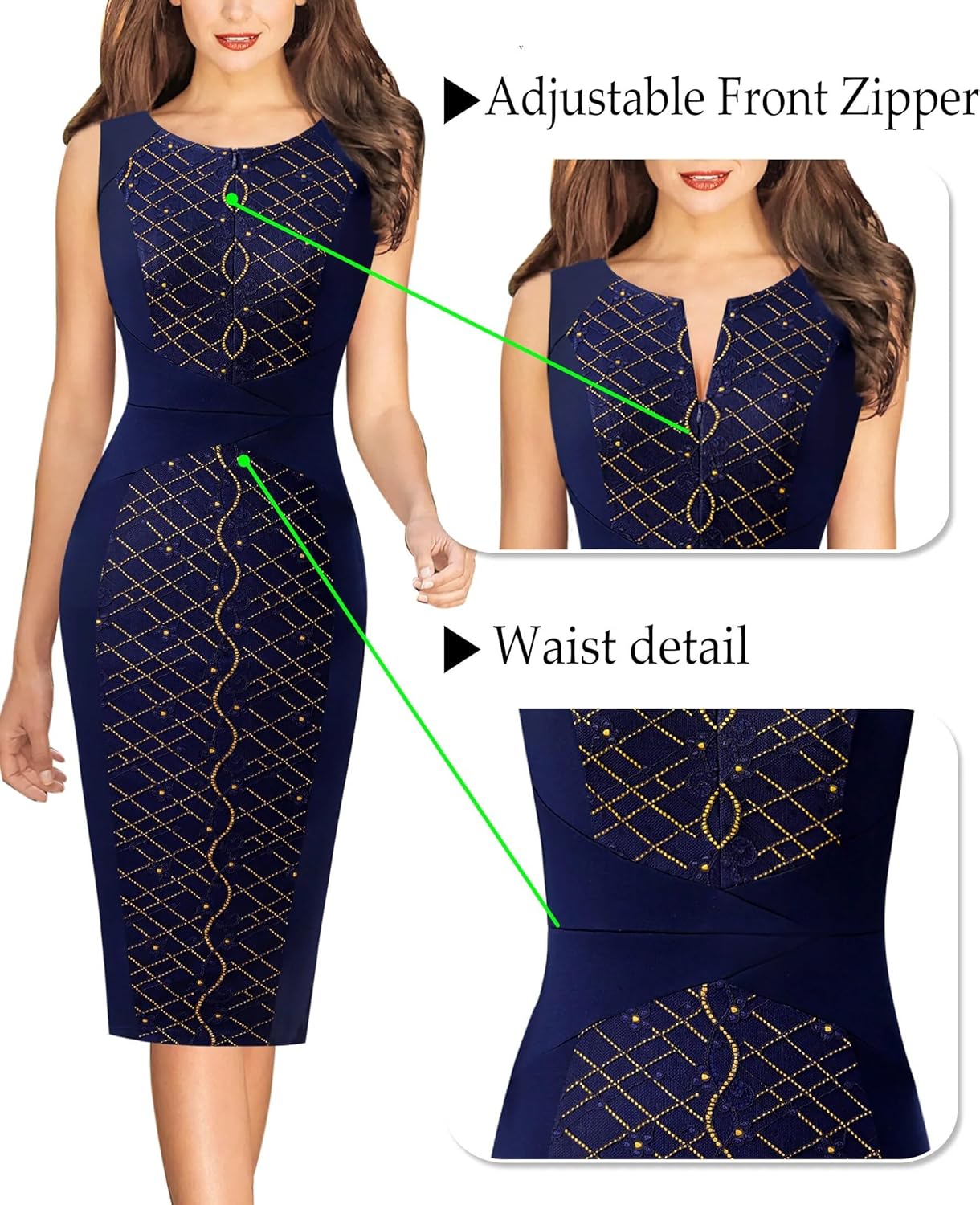 VFSHOW Womens Elegant Slim Front Zipper up Work Business Office Party Sheath Dress