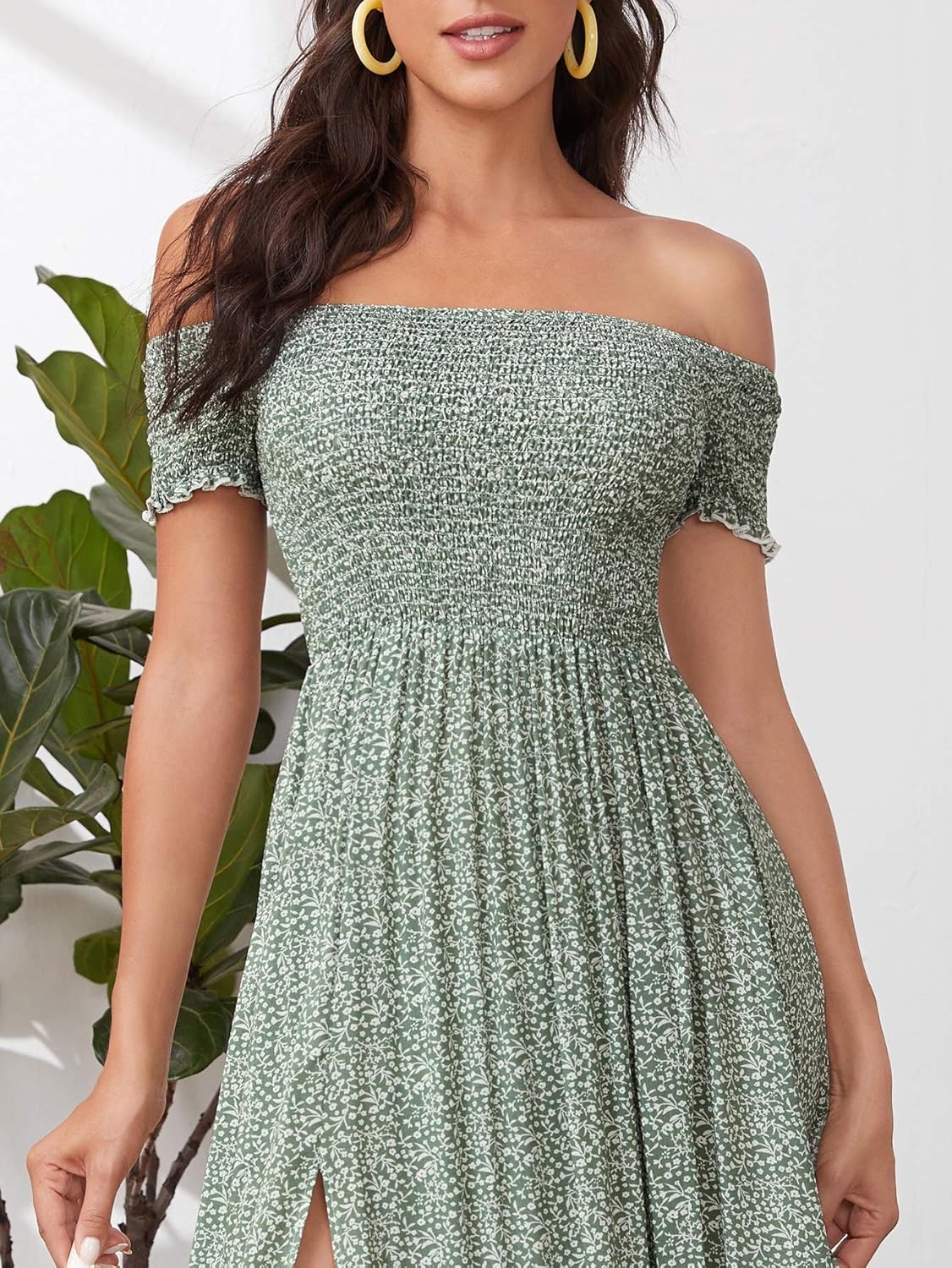 Floerns Women's Boho Floral Print Off Shoulder Split Long A Line Dress