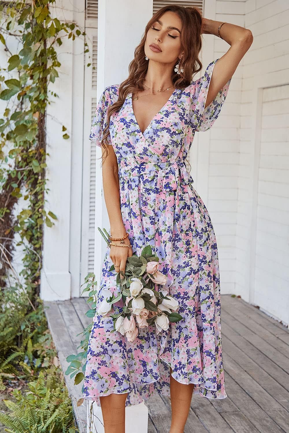 PRETTYGARDEN Women's Summer Floral Boho Dress Wrap V Neck Short Sleeve Ruffle A-Line Flowy Maxi Wedding Guest Dresses
