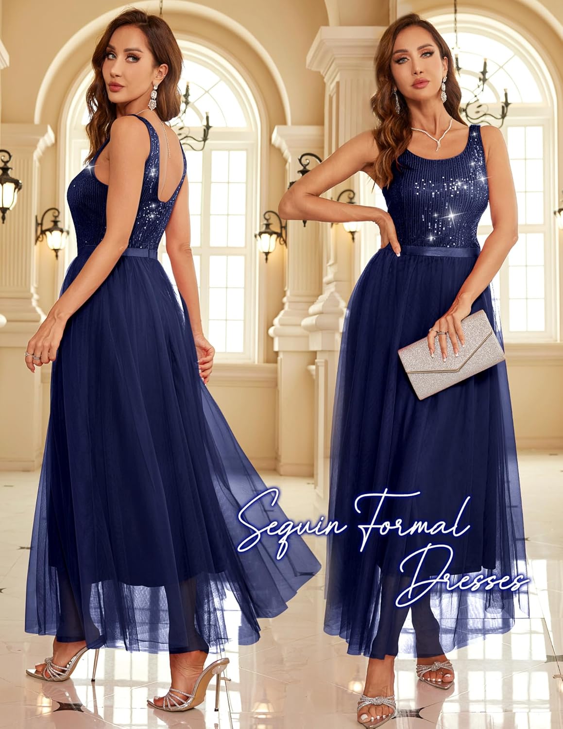 BeryLove Sequin Dress for Woman Vintage A Line Wedding Formal Swing Mesh Dress Sleeveless Cocktail Maxi Gowns