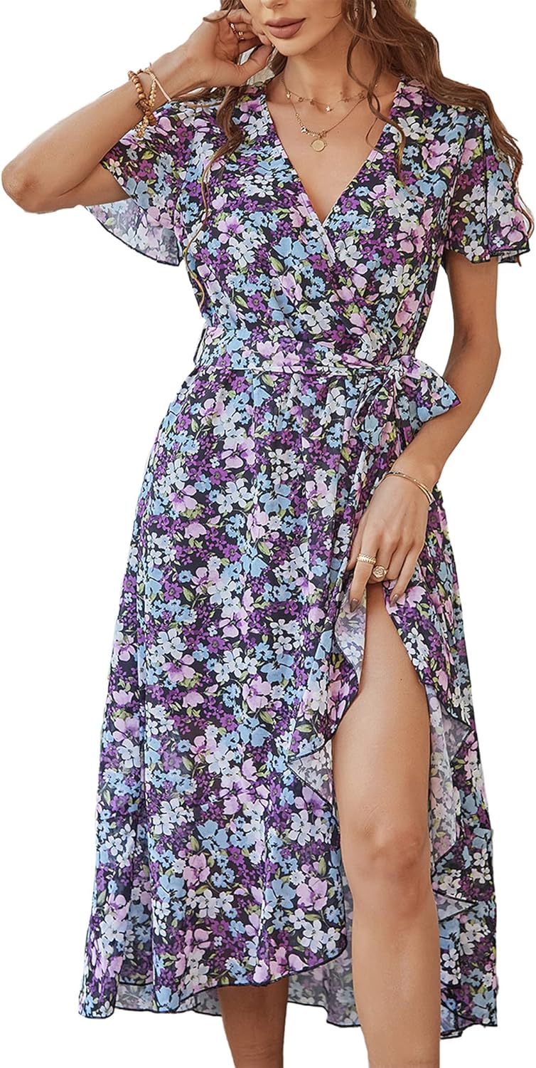 PRETTYGARDEN Women's Summer Floral Boho Dress Wrap V Neck Short Sleeve Ruffle A-Line Flowy Maxi Wedding Guest Dresses