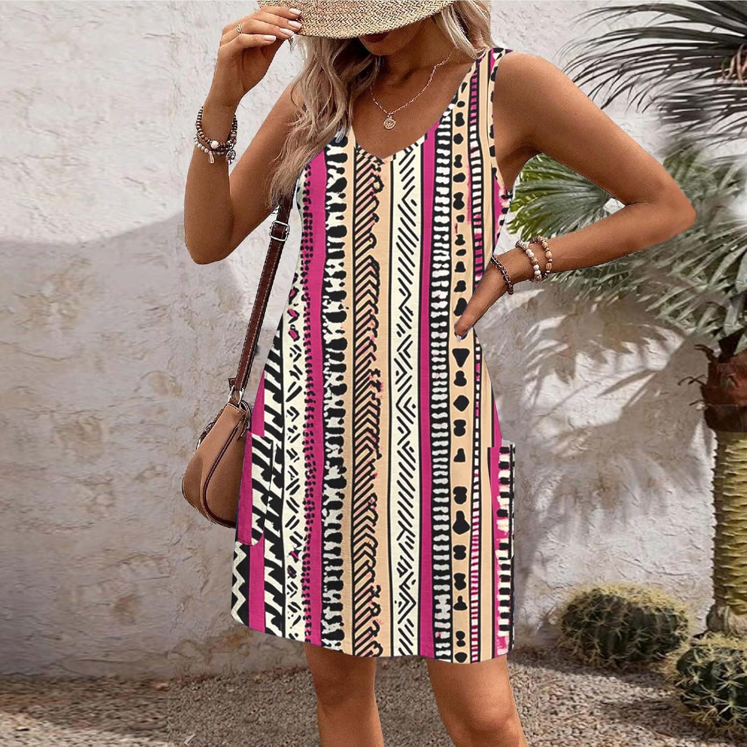 Womens 2025 Spring Summer Dresses Casual Floral Print V-Neck Tank Dress Curve Hem Pleated A-Line Sundresses