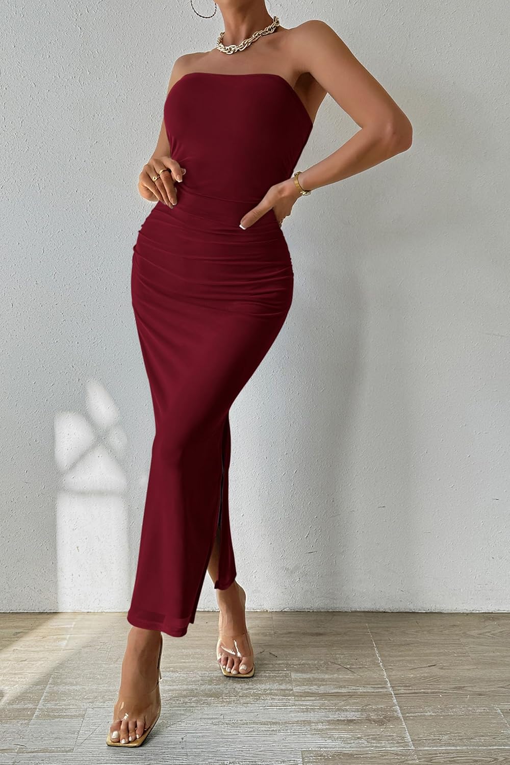 PRETTYGARDEN Women's Summer Maxi Bodycon Dresses Strapless Tube Top Printed Long Party Club Slit Dress